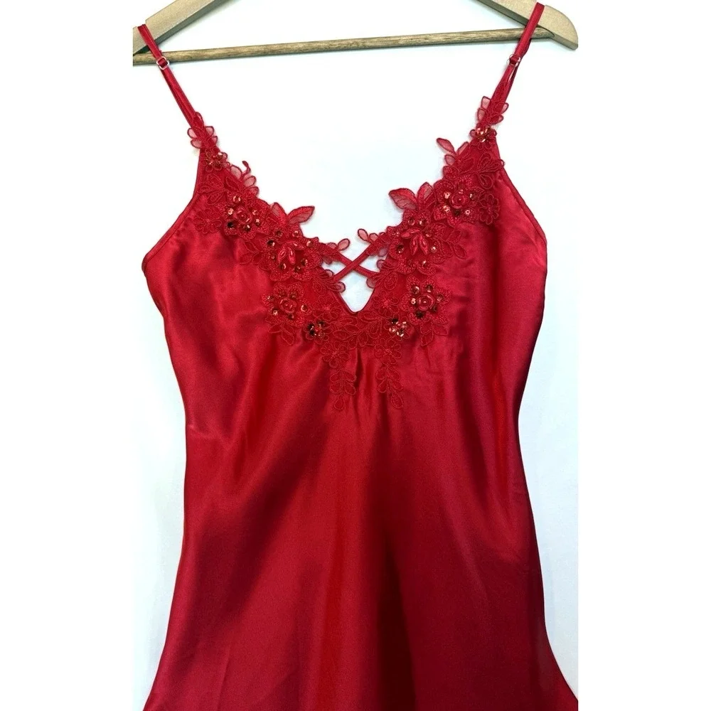 Vintage 90s Shirley Hollywood Satin‎ Lace Mini Cami Slip Dress Size M Red Sheer